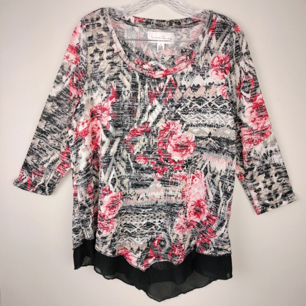 NWOT French Laundry Abstract Floral Rose Pattern Strappy Top w/ Sheer Trim Sz.1X
